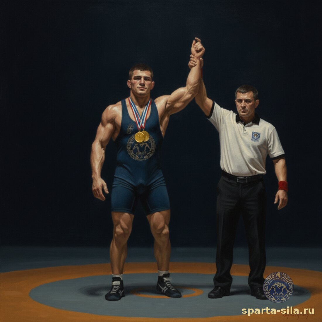 Победа тяжеловеса — рефери поднимает руку чемпиона