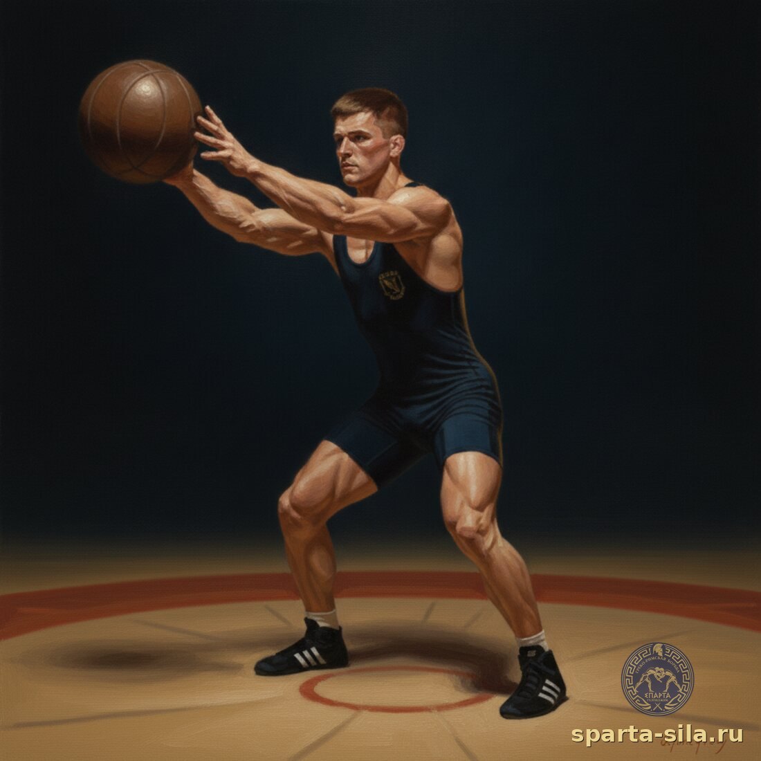 Юный борец бросает набивной мяч назад через голову — тест скоростно-силовых качеств