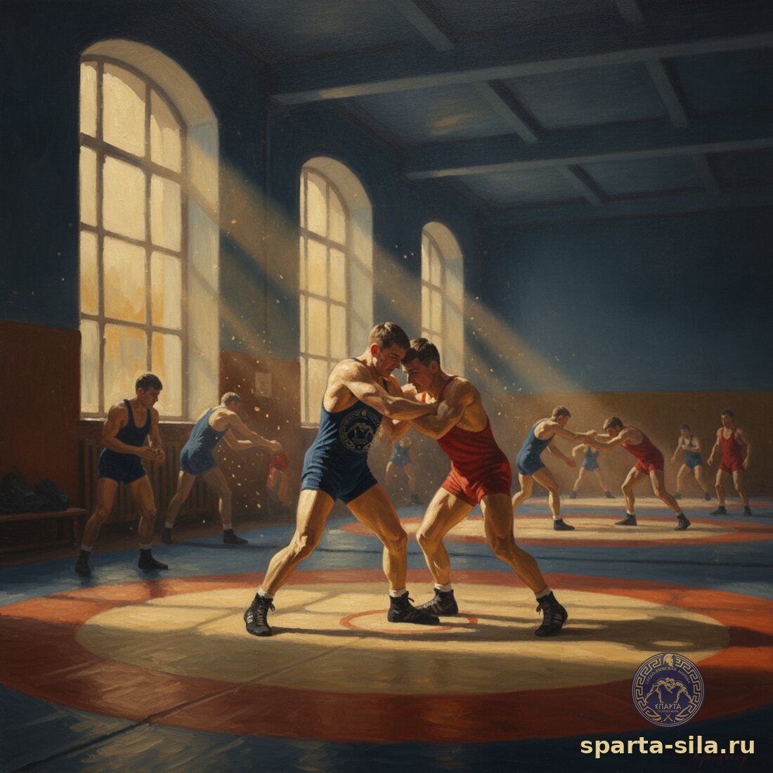 Советская школа борьбы — тренировка борцов-классиков в зале 1950-х